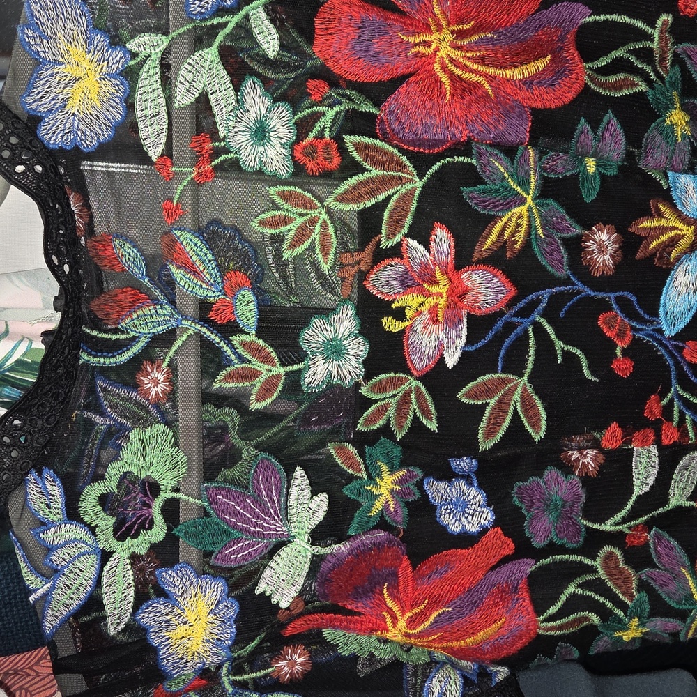 Anthropologie Black Sheer Midi Dress with Multicolor Floral Embroidery - Picture 4 of 8